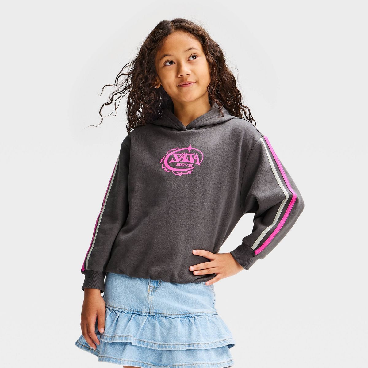 Girls' KPop Demon Hunters "Saja Boys" Front and Back Graphic Hooded Fleece Sweatshirt - Pink/Charcoal Gray