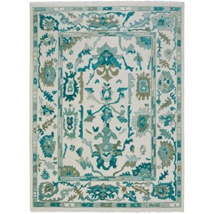 Green and Ivory Wool Floral Hand Knotted Area Rug With Fringe - 1 of 4