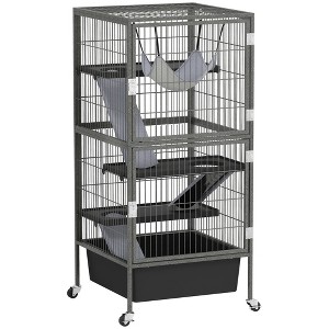 PawHut 45" Small Animal Cage, 4-Tier Rolling Ferret Cage with 6" Deep Slide-Out Tray, Platforms, Hammock, for Rabbit, Ferrets, Chinchillas, Gray - 1 of 4