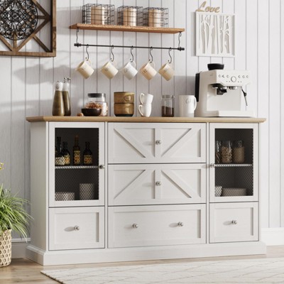 Sideboard Buffet Storage Cabinet, Coffee Bar with Adjustable Shelves, Milk White