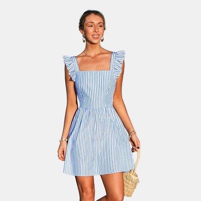 Women's Breezy Striped Square Neck Dress with Ruffle Details - Cupshe