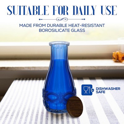 Blue Embossed Glass Carafe with Wood Lid