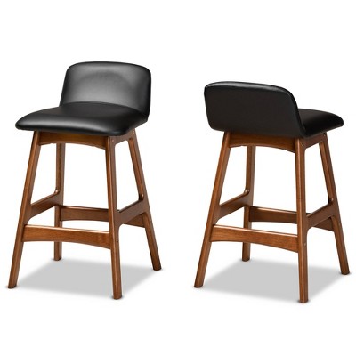 Baxton Studio 2pc Darrin Faux Leather and Wood Counter Height Barstools Black/Walnut/Brown: Upholstered Polyester, Oval Shape, Fixed Height