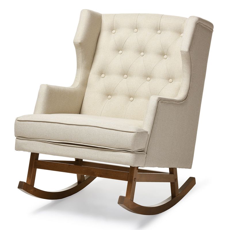 Iona Mid - Century Retro Modern Light Fabric Upholstered Button - Tufted Wingback Rocking Chair - Light Beige - Baxton Studio, 3 of 6