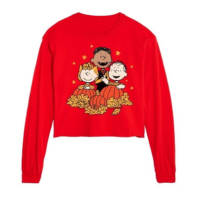 Peanuts Pumpkin Trio Cropped Long Sleeve T-shirt - Red - Medium : Target