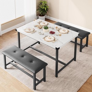 GOCAPTAIN 3 Pcs Small Farmhouse Dining Table Set for 4, 44.4" Rectangular Wood Table with 2 Upholstered Benches, Compact Small Kitchen Table Set for 4 - 1 of 4