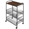 HOMCOM 24" 3-Tier Rolling Kitchen Cart, Utility Storage Trolley with 2 Basket Drawers, Side Hooks for Dining Room, Brown - 4 of 4