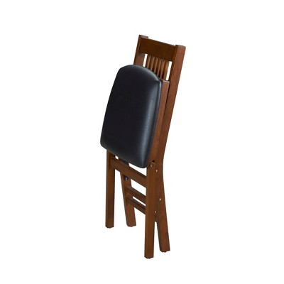 Fruitwood Folding Side Chair with Black Vinyl Upholstered Seat, Set of 2