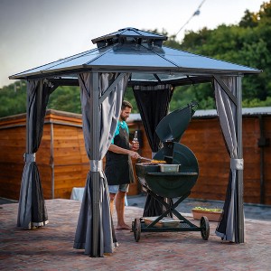 8 ft. x 8 ft. Hardtop Outdoor Gazebo, Polycarbonate Double Roof BBQ Gazebo with Aluminum Frame, Storage Hooks, Curtains - 1 of 4