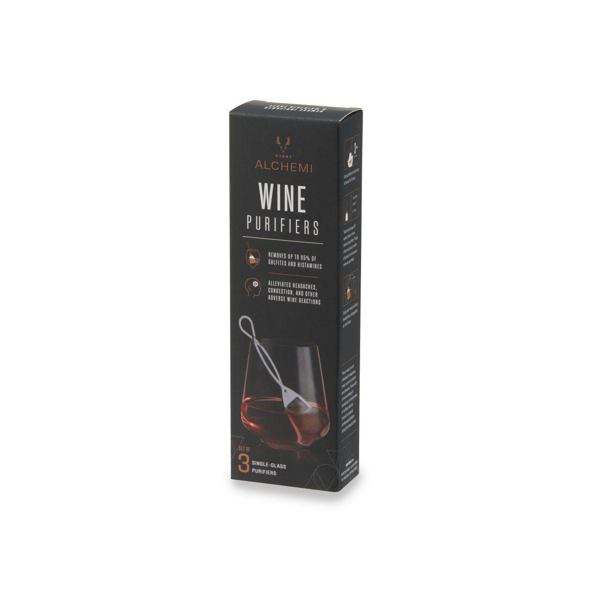 Viski Alchemi Wine Purifiers, Removes Sulfites & Histamines, Preserves Flavor, Color & Aroma, BPA-Free Compact & Portable, Home Bar, Set of 3, Silver