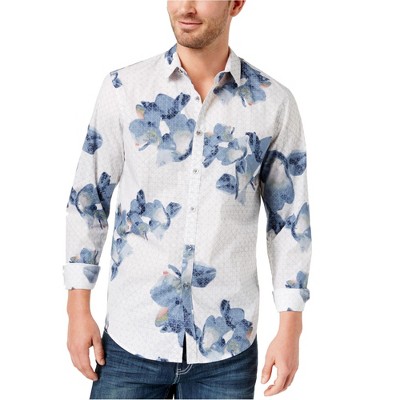 I.N.C International Concepts Mens Geometric Floral Button Up Shirt, White, X-Small