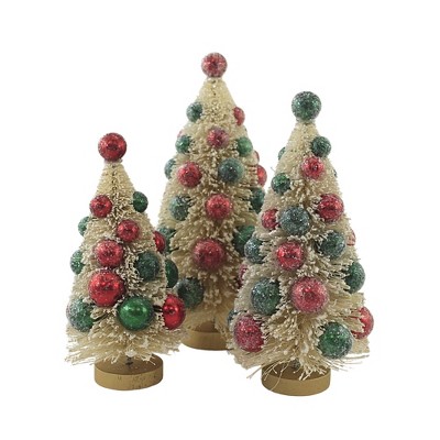 Christmas 9.0" White Bottle Brush Tree Set Of Three Red Green Ornament  -  Decorative Figurines