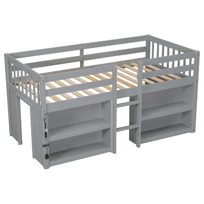 NicBex Twin Size Low Loft Bed with Two-Tier Shelves and LED Light for Kids Teens Adults,Gray/White