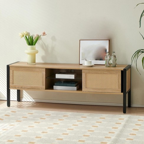 Rattan Tv Stand For 65 Inch Tv,wood Entertainment Center With 2 Sliding ...