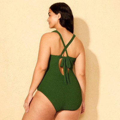 Shade & Shore Women's Crinkle Plunge Full Coverage One Piece Swimsuit - Shade & Shore™ Green XS — фото 5