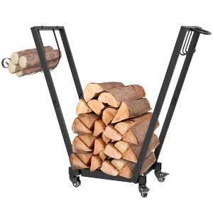 Aghana Digitals Mobile Metal Firewood Rack with Swivel Wheels, Tool & Kindling Hooks, 110 lbs - 1 of 4