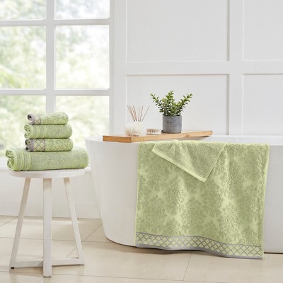 Sage Green Cotton Hand Washcloth Set with Embellished Borders