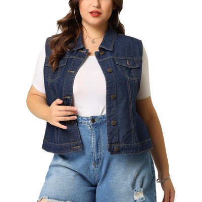 Agnes Orinda Women's Plus Size Buttons with Two Chest Flap Pockets Denim Vests