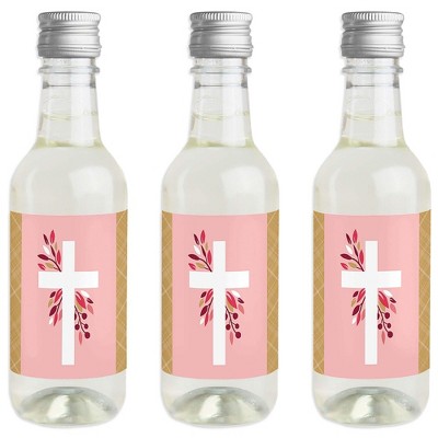 Big Dot of Happiness Pink Elegant Cross - Mini Wine and Champagne Bottle Label Stickers - Religious Party Favor Gift for Women and Men - Set of 16