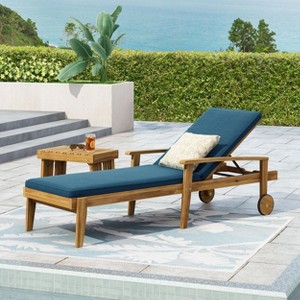 Okak Premium Acacia Patio Chaise Lounge with Wheels&Water-Proof Cushion,Outdoor Reclining Poolside Chair Long Chaise for Deck,Pool&Backyard - 1 of 4