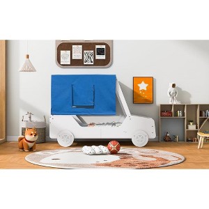 Full/Twin Size Car-Shaped Bed Wood Bed Frame with Tents, Ceiling Cloth and Wheels, 400LBS Weight Capacity for Kids Boys Girls Teens Bedroom - 1 of 4