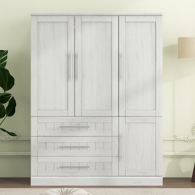 Clothing Storage With 4 Doors And 3 Drawers, Modern Armoire With Ample Hanging Rail, Armoire Closet With Classic Design-Cuddlewood