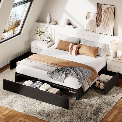 homfan Bed Frame with 3 Large Storage Drawers, Fabric Upholstered Platform Bed