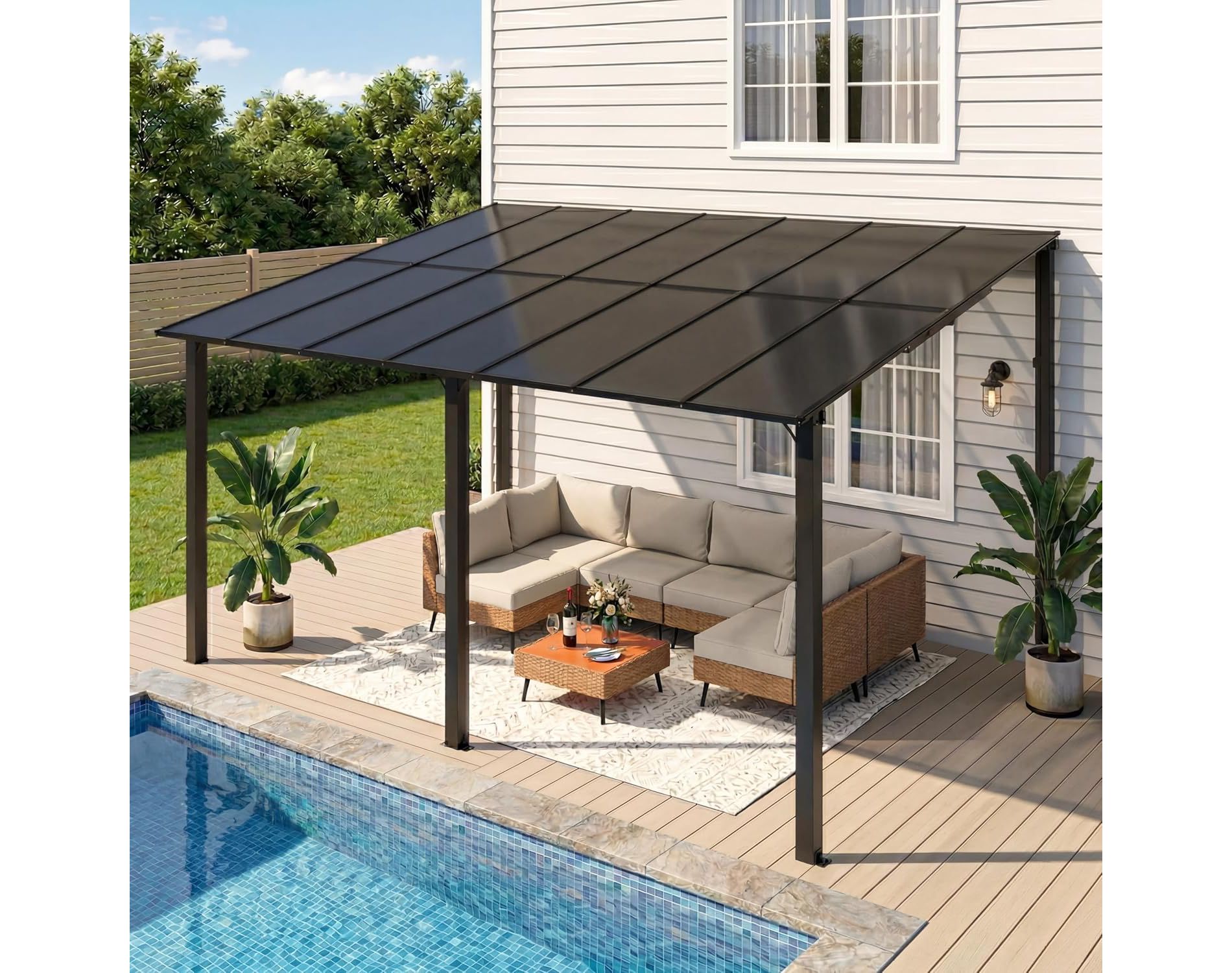 LAUSAINT HOME 14'×10' Wall-Mounted Hardtop Gazebo, Lean to Pergola for Patio, Deck, Garden & Porch