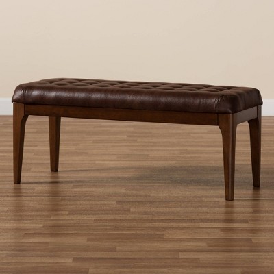 Walsh Mid-Century Modern Dark Brown Faux Leather and Walnut Wood Dining Bench