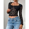 Women's Sheer Floral Lace Long Sleeve Crop Top - Sweetheart Neckline with Bow Accent - 2 of 4