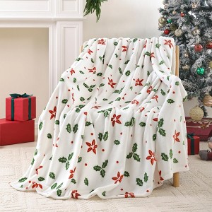 Christmas Fleece Print Throw Blanket, Super Soft Plush Cozy Fuzzy Red Floral and Green Leaves Printed Throw Blankets - 1 of 4