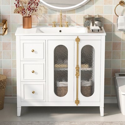 SpassWay 36"L White Modern Bathroom Vanity Solid Wood Frame 2 Soft Close Doors 3 Drawers