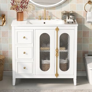SpassWay 36"L White Modern Bathroom Vanity Solid Wood Frame 2 Soft Close Doors 3 Drawers - 1 of 4