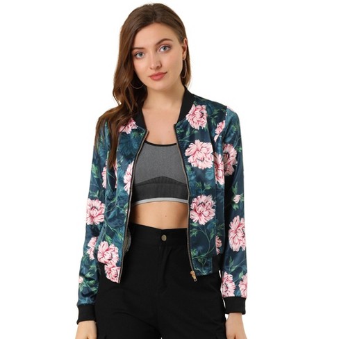 Allegra K Women's Stand Collar Floral Prints Zip Up Lightweight