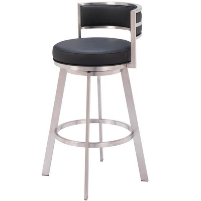 HomeRoots 31" Black And Silver Faux Leather And Stainless Steel Low Back Bar Height Swivel Bar Chair
