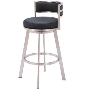 HomeRoots 31" Black And Silver Faux Leather And Stainless Steel Low Back Bar Height Swivel Bar Chair - 1 of 4