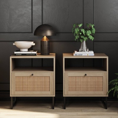 Mina Light Oak and Rattan Nightstands with Black Metal Legs, Set of 2