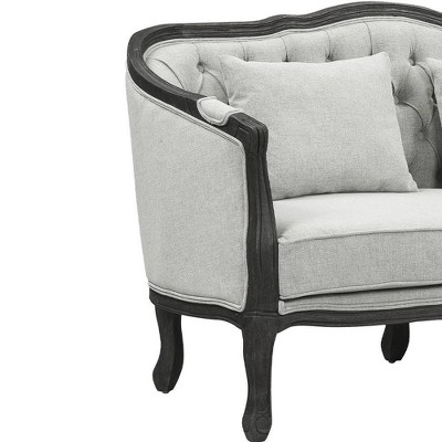 64" Gray Linen Camel-Back Sofa with Dark Brown Carved Wood Frame
