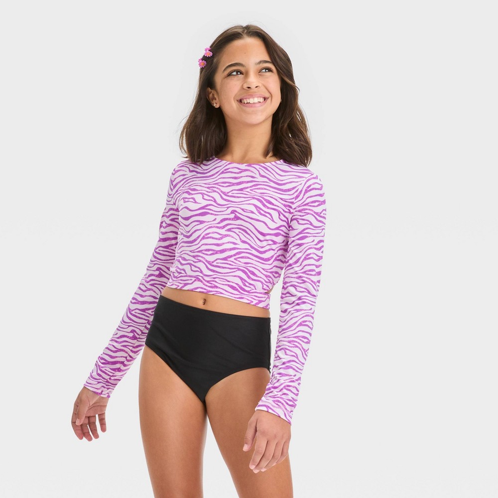 Girls' Zebra Printed Rash Guard Swim Top - art class™ Purple XL