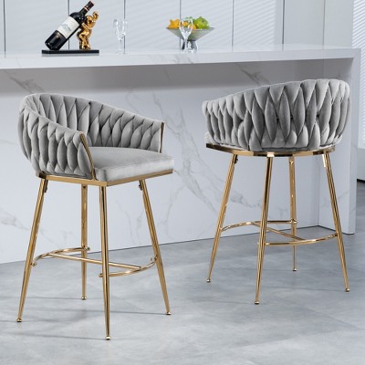 SKRAN Stylish 26" Velvet Bar Stool Set of 2 With Handcrafted Wave Backrest, Gold Chrome Base and Footstool for Kitchen Island, Bar, Pub