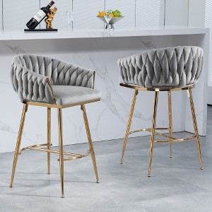 SKRAN Stylish 26" Velvet Bar Stool Set of 2 With Handcrafted Wave Backrest, Gold Chrome Base and Footstool for Kitchen Island, Bar, Pub - 1 of 4