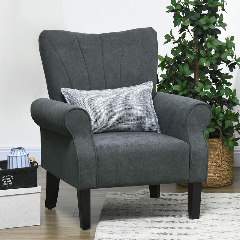 HOMCOM Fabric Accent Chair, Modern Armchair with Wood Legs, Rolled Arms, Soft & Padded for Living Room, Dark Gray, 2 of 7