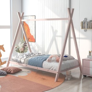 Twin Size House Bed, Tent Metal Twin Platform Bed Frame With Wooden Slat For Girls Boys Teens Bedroom Furniture, No Box Spring Needed - 1 of 4