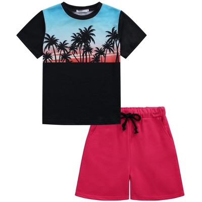 Little Kid Shorts Sets Kids Summer Beach Outfit  Pulm Leaves Pattren Short Sleeve Shirt Top with Shorts Suits