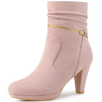 Allegra K Women's Dress Side Zip Chunky Heel Ankle Boots Dust Pink