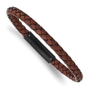 Black Bow Jewelry 6mm Black Plated Stainless Steel & Brown Leather Bracelet, 8.25 Inch - 1 of 4