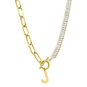 Adornia 14k Gold Plated Half Crystal And Half Paperclip Initial Toggle Necklace - 1 of 3