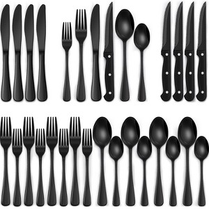 Angel Sar 24-Piece Black Silverware Set with 4 Steak Knives, Food-Grade Stainless Steel Flatware Cutlery for 4, Mirror Finish Tableware - 1 of 4