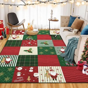 Christmas Patchwork Area Rug, Washable Ultra Thin Non Shedding Low Pile Carpet, Soft Non Slip Holiday Floor Mat for Home, Red/Green - 1 of 4