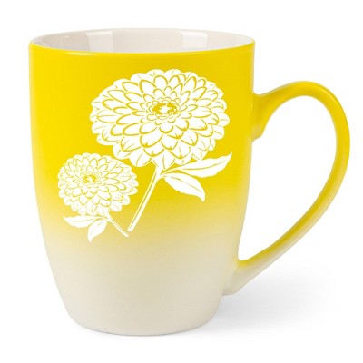 Elanze Designs Botanical Floral Nature Coffee Cup Mug 12 Ounce Ceramic With Ombre Gradient Elegant Minimalist Zinnia Flower Silhouette Yellow and